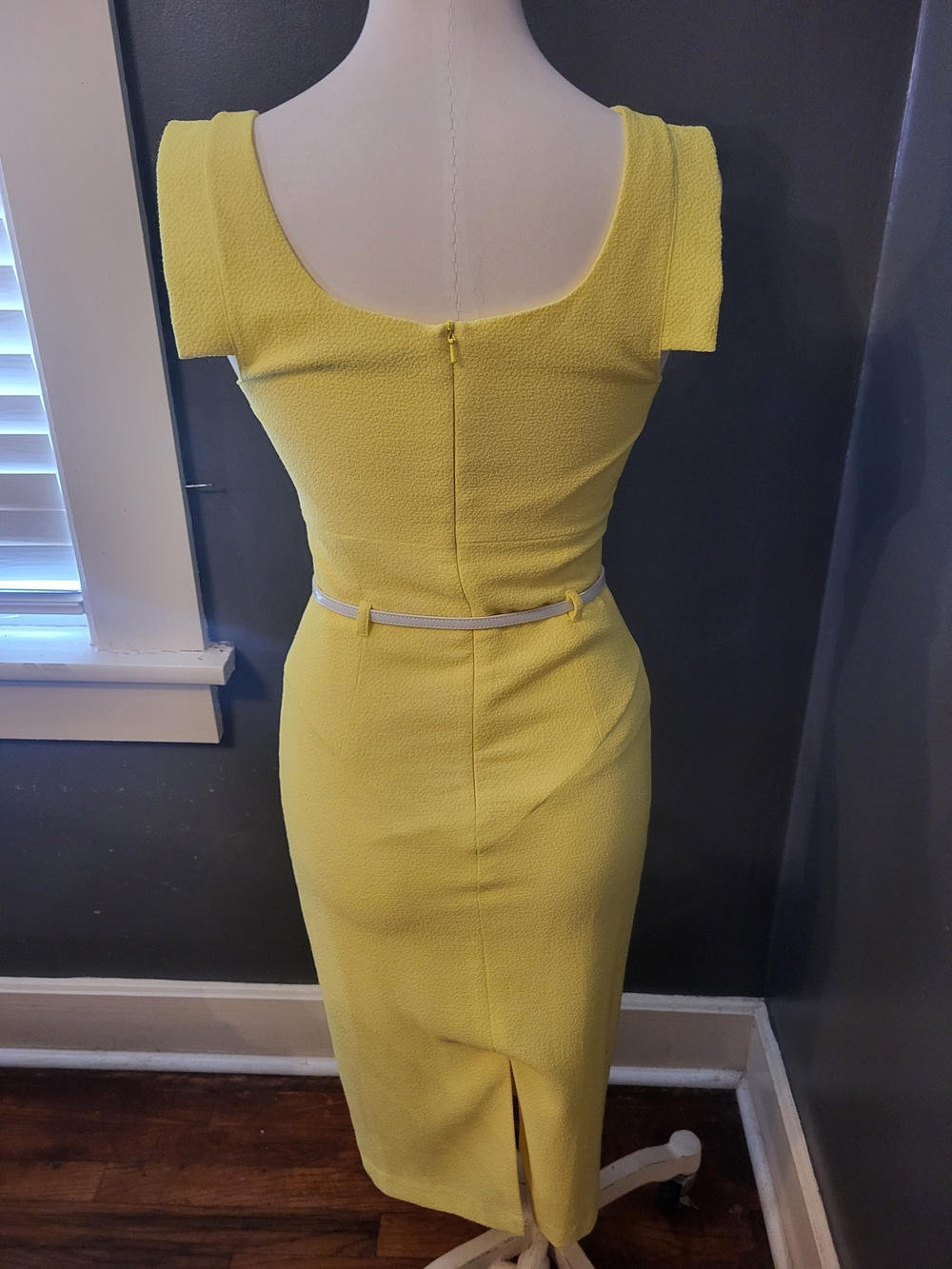 Black Halo Lemon Yellow Cowl Neck Midi Dress with Slim Belt - Picture 2 of 3